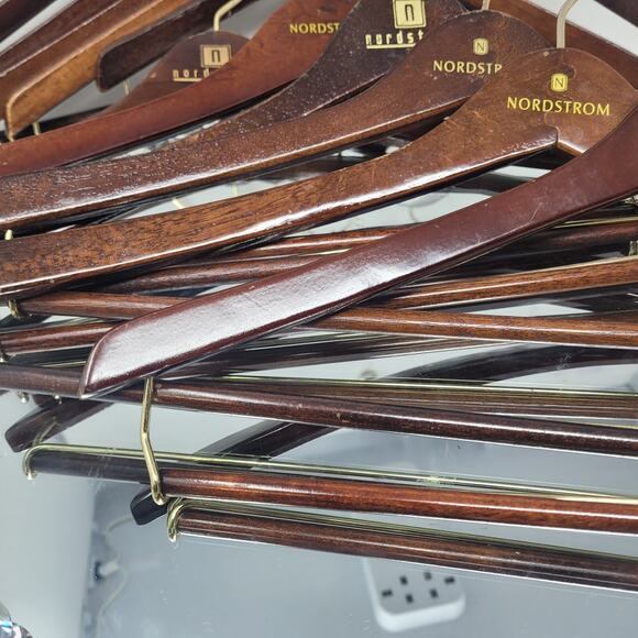 VTG Nordstrom Sturdy Wooden Hangers Mahogany Cherry Gloss Lot of 12 w Slack Bars - Picture 7 of 8